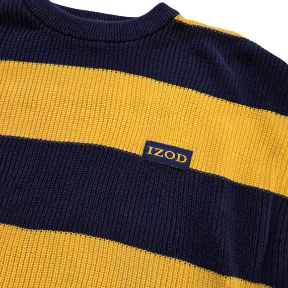 Vintage Izod Men's Sweater XL Navy Blue Yellow Heavyweight Cotton Cozy Cabincore - Picture 3 of 9